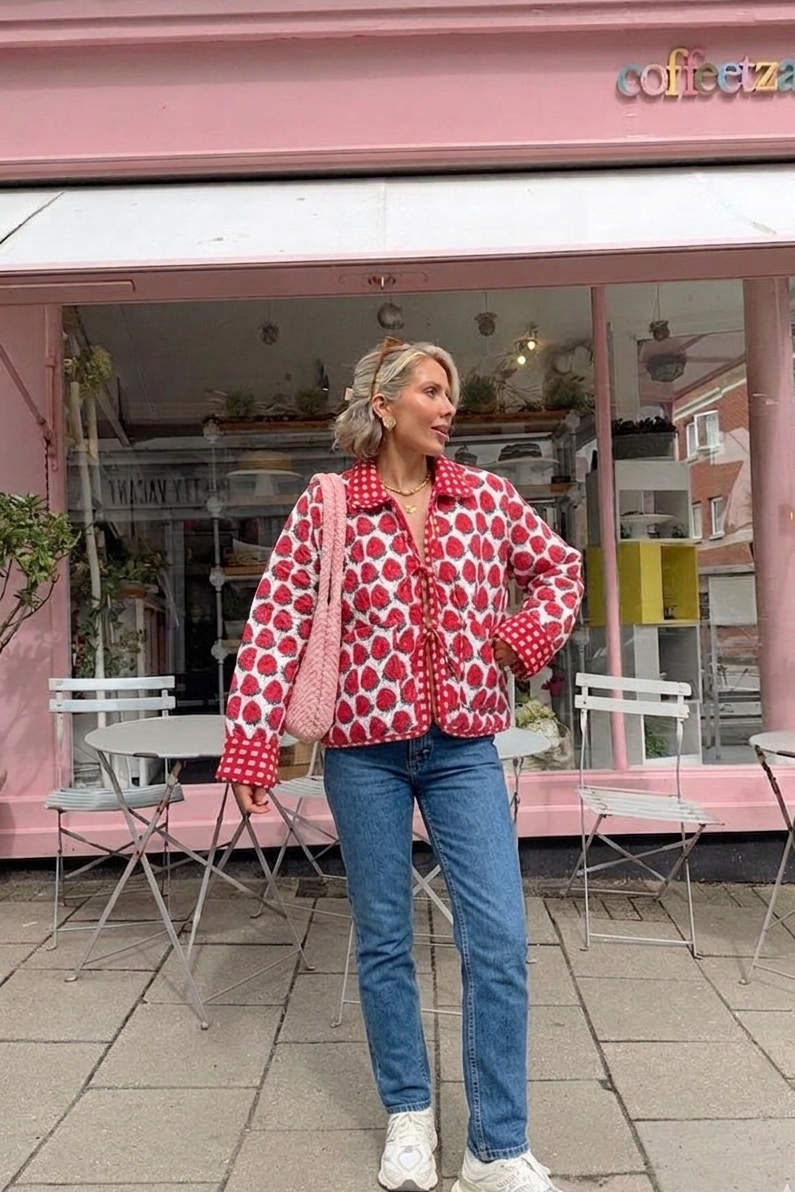 Woman wearing a red polka dot jacket and blue jeans standing in front of a pink building with 'coffee&zar' sign.
